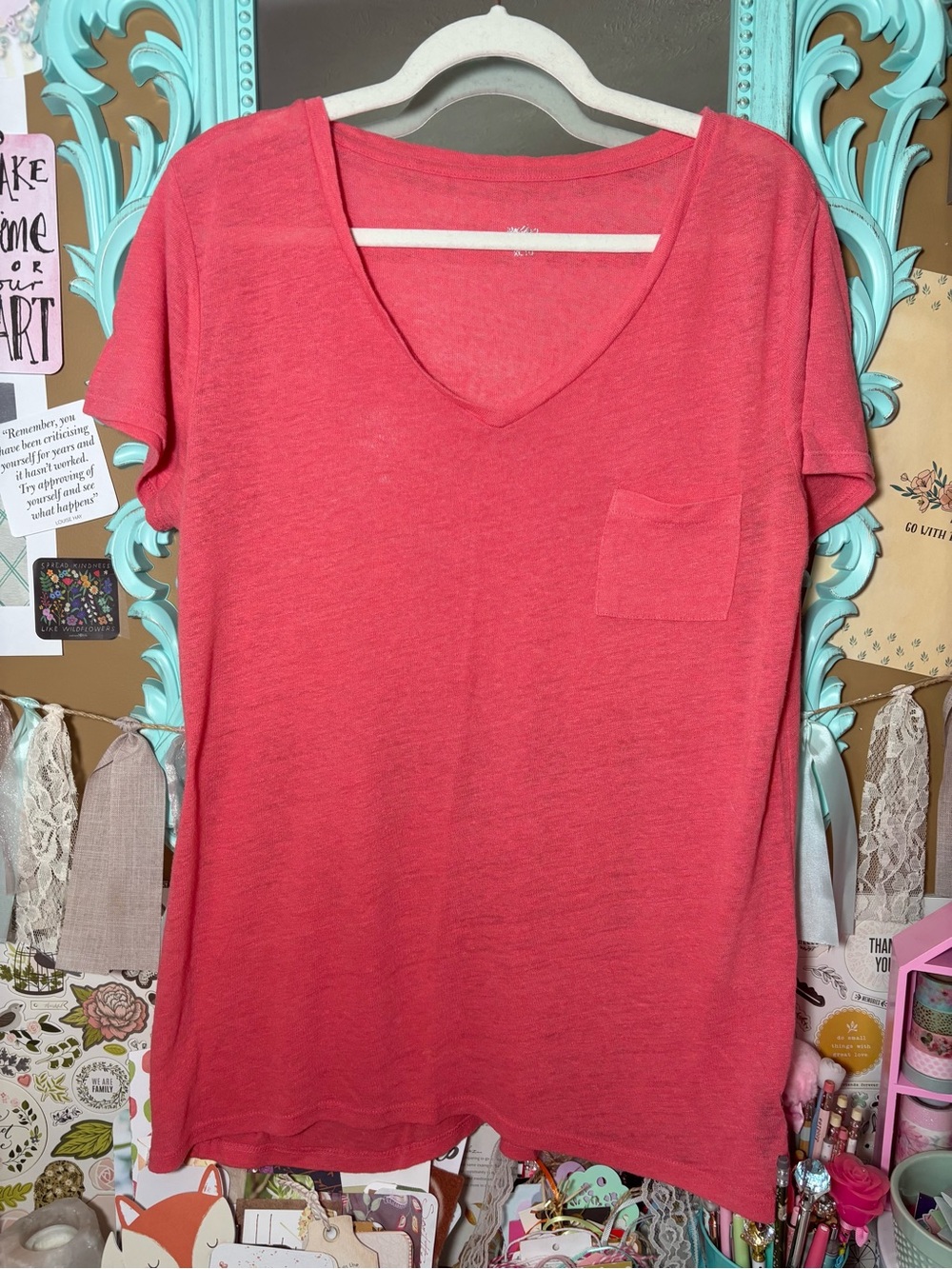 Mossimo Coral V-Neck Short Sleeve Top Shirt Linen Blend Women’s Size XL 2010s